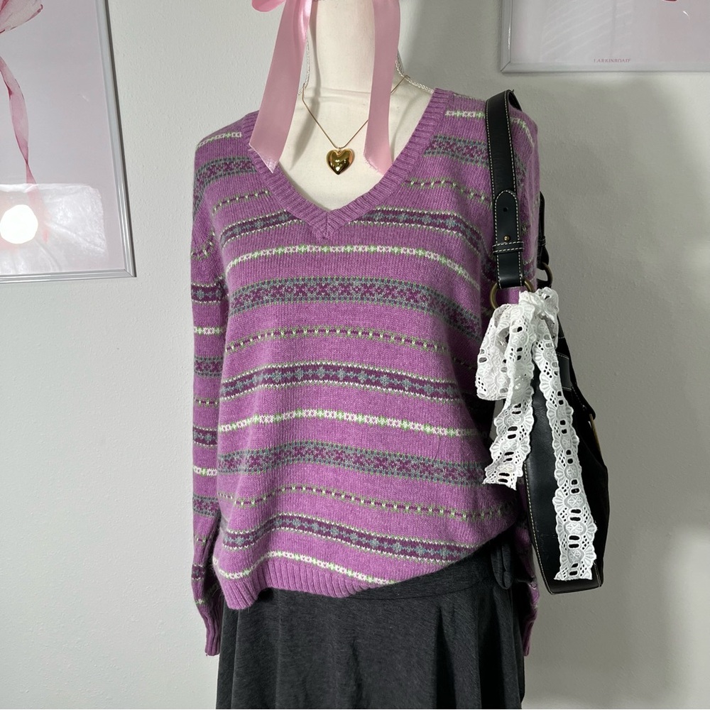 Vintage 90s Lilac Purple Floral Striped Knit V Neck Sweater Womens Size XL - Picture 2 of 5